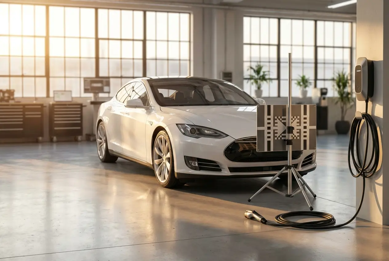 An electric sedan undergoing ADAS sensor calibration in the shop