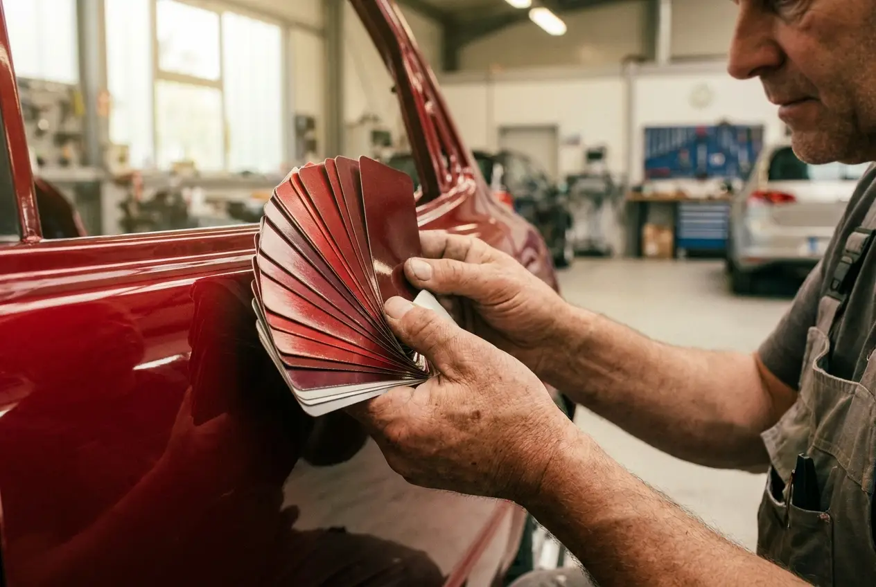 A technician matching paint color against a car panel